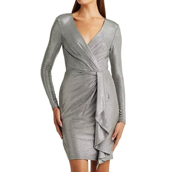 Ralph Lauren Women's Metallic Knit Surplice Cocktail Dress Size 8 (MSRP $245) - Picture 2 of 8